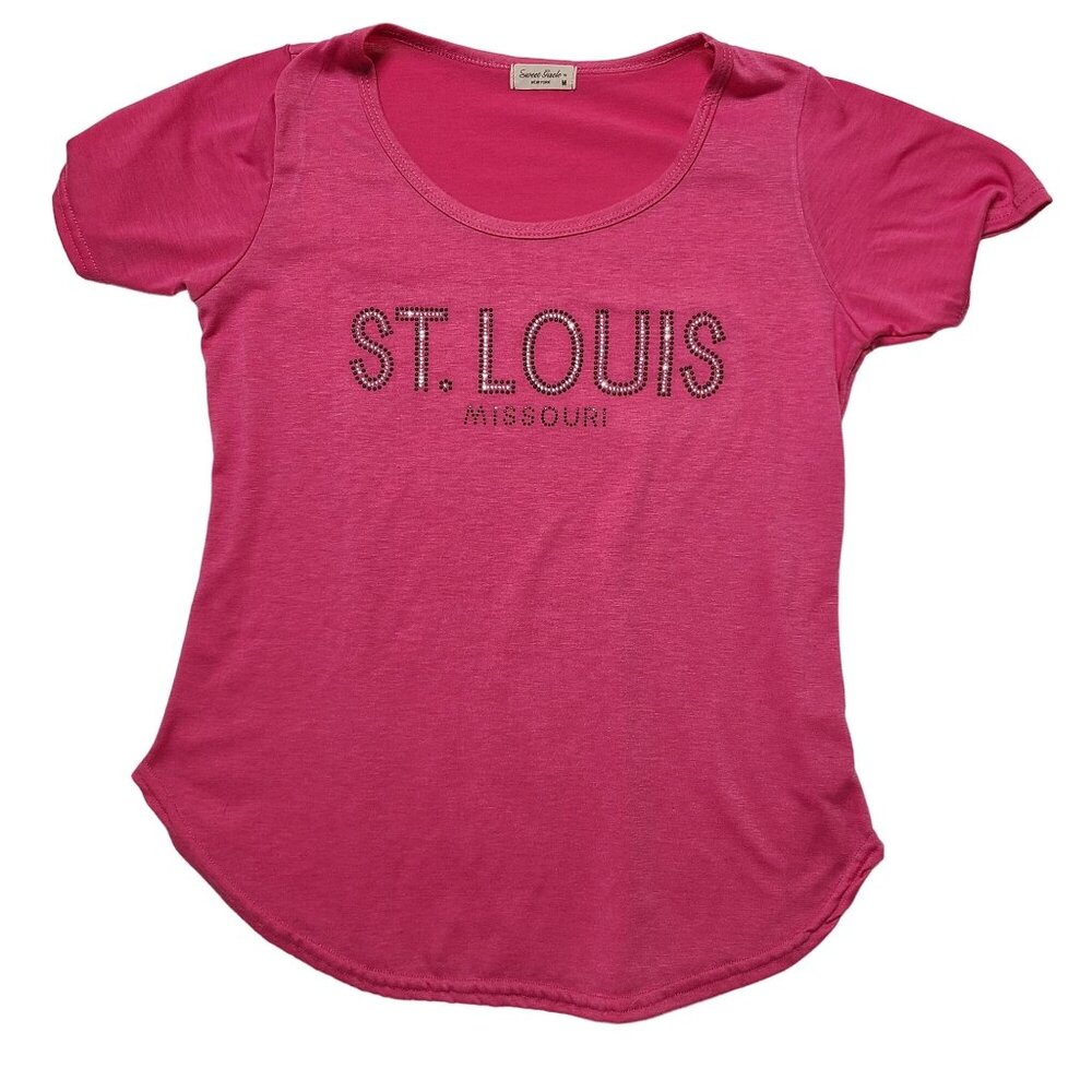 Sweet Gisele ST Louis Missouri Pink Rhinestone T-Shirt Womens Size M Made in USA